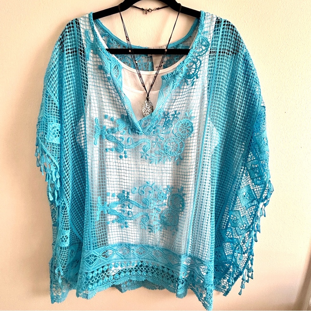 Turquoise Blue Crochet Cover-Up Tunic